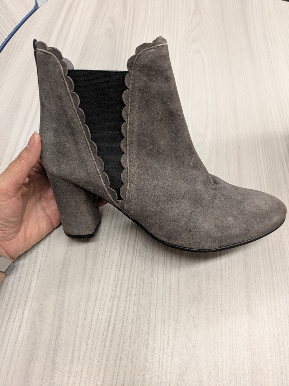 Boden Gray Suede Scalloped Ankle Booties